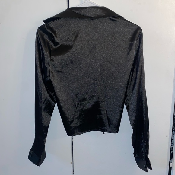 Shein Long Sleeve Self Tie Knot Front Satin Crop Top - Picture 5 of 9